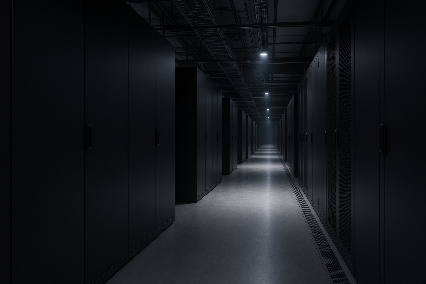 Quiet infrastructure aisle in cool low light
