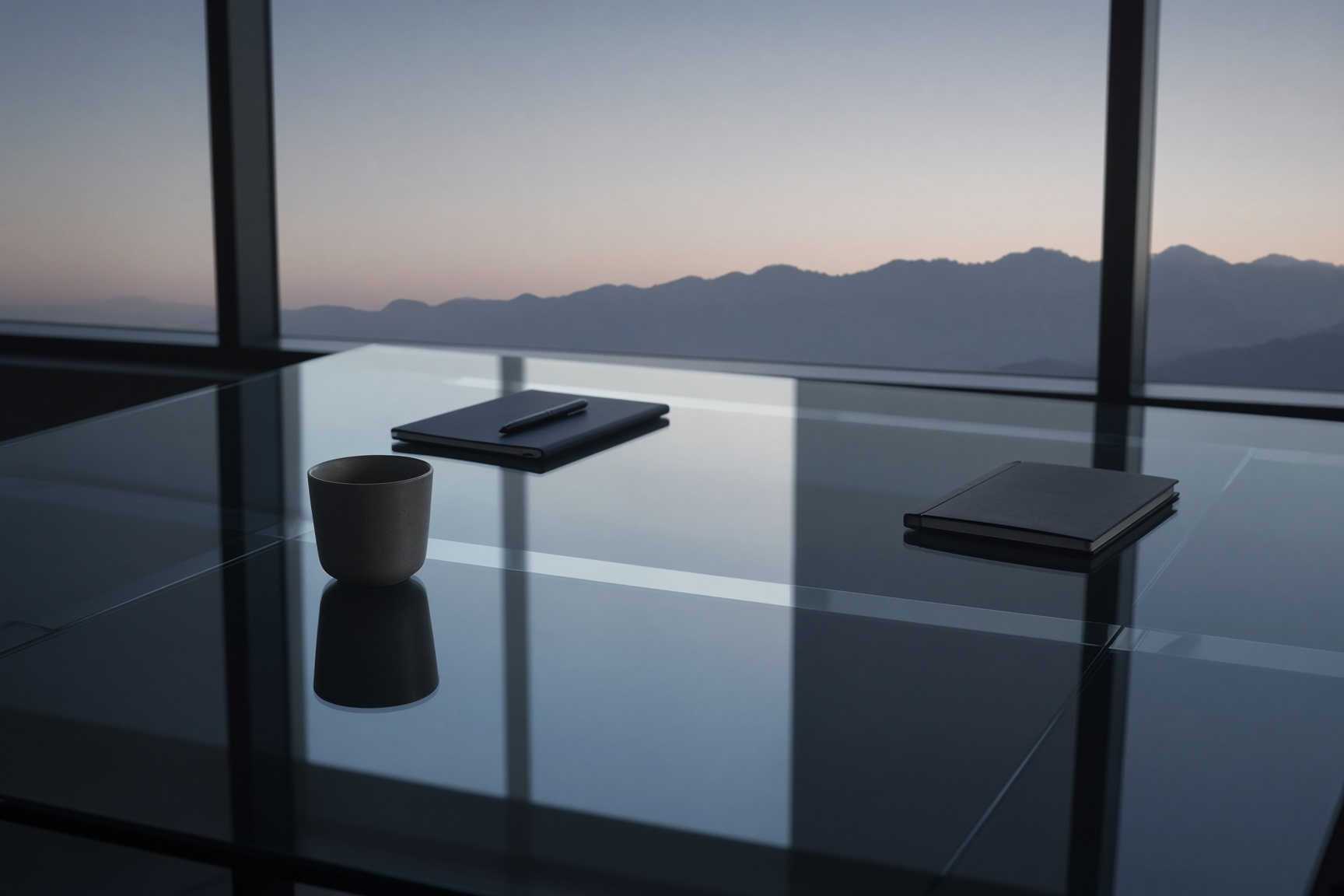 Conference table and mountain ridgeline at dawn